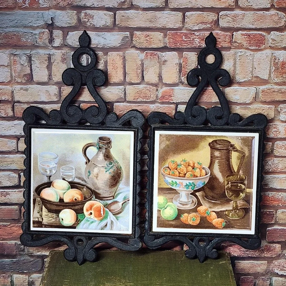 Vintage Enesco‎ Cast Iron Trivets Still Life Wall Plaques Pair Kitchen Japan MCM